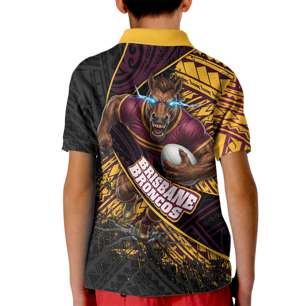 Brisbane Broncos Rugby Kid Polo Shirt Tribal Polynesian Power Art - Lightning Mascot