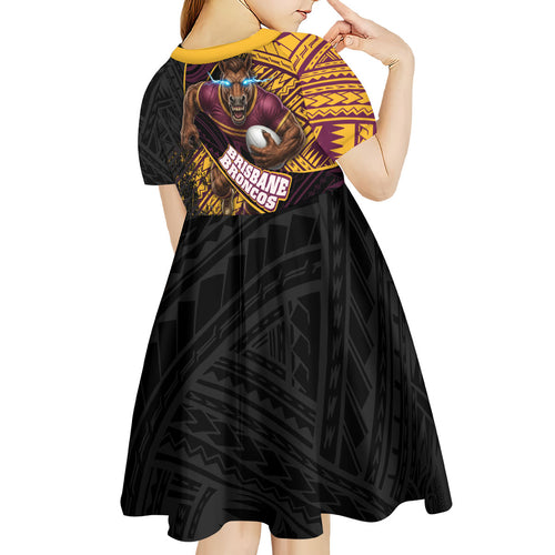 Brisbane Broncos Rugby Kid Short Sleeve Dress Tribal Polynesian Power Art - Lightning Mascot