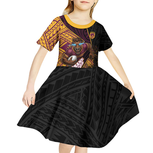 Brisbane Broncos Rugby Kid Short Sleeve Dress Tribal Polynesian Power Art - Lightning Mascot