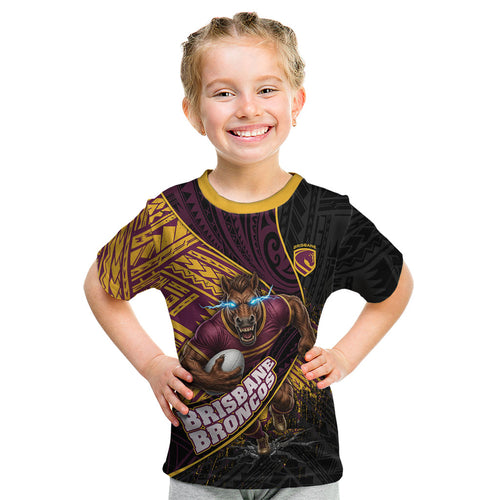 Brisbane Broncos Rugby Kid T Shirt Tribal Polynesian Power Art - Lightning Mascot