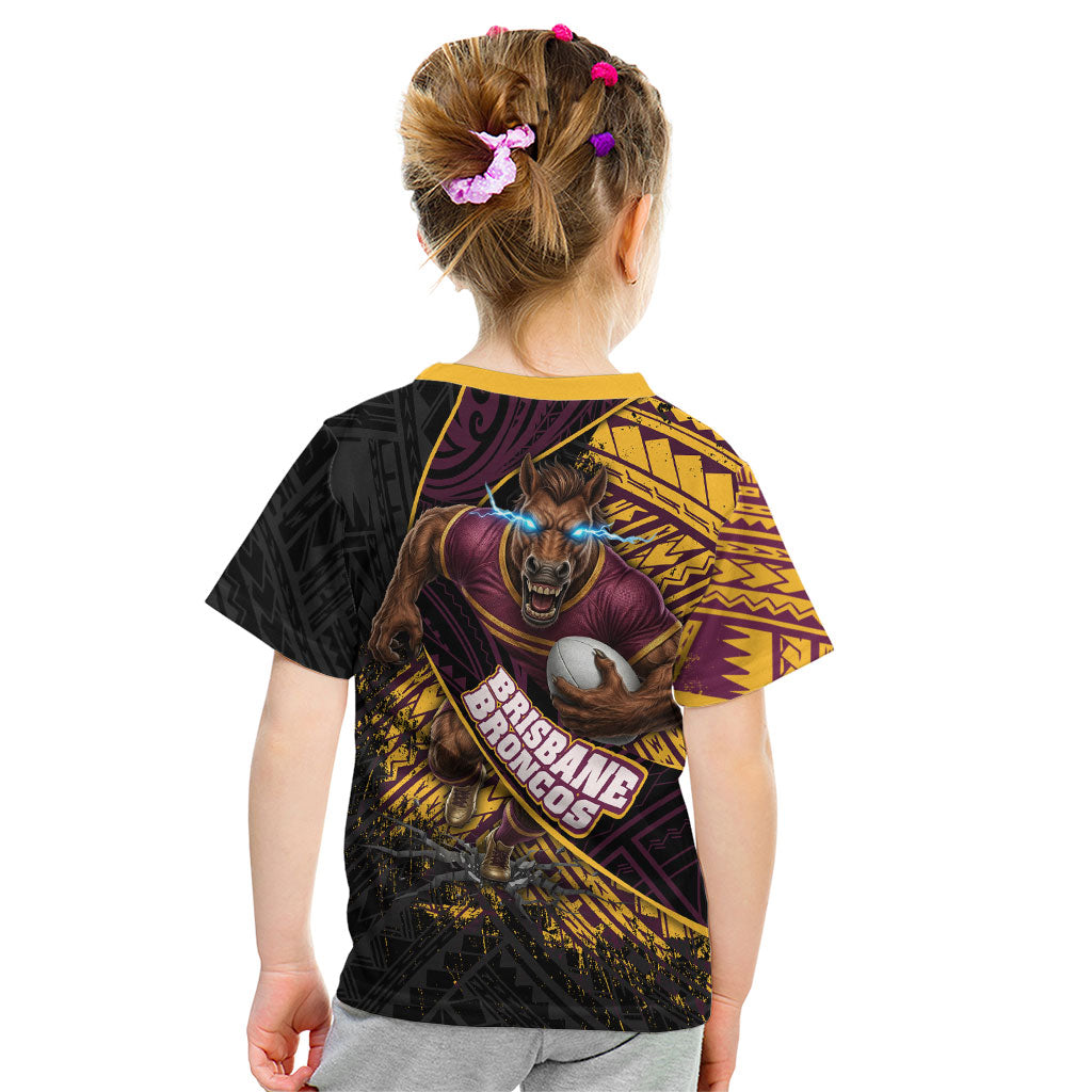 Brisbane Broncos Rugby Kid T Shirt Tribal Polynesian Power Art - Lightning Mascot