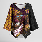 Brisbane Broncos Rugby Kimono Sleeve Blouse Tribal Polynesian Power Art - Lightning Mascot