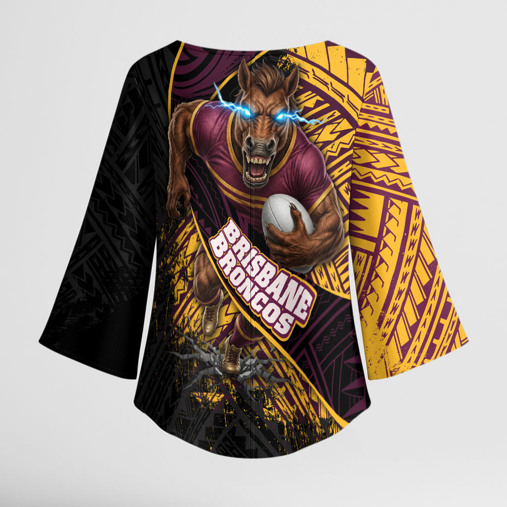 Brisbane Broncos Rugby Kimono Sleeve Blouse Tribal Polynesian Power Art - Lightning Mascot