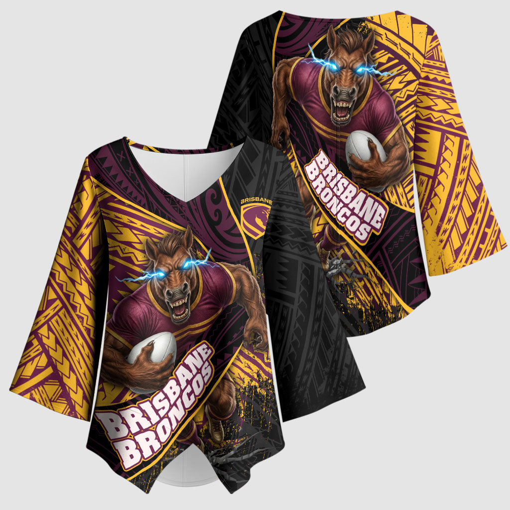 Brisbane Broncos Rugby Kimono Sleeve Blouse Tribal Polynesian Power Art - Lightning Mascot