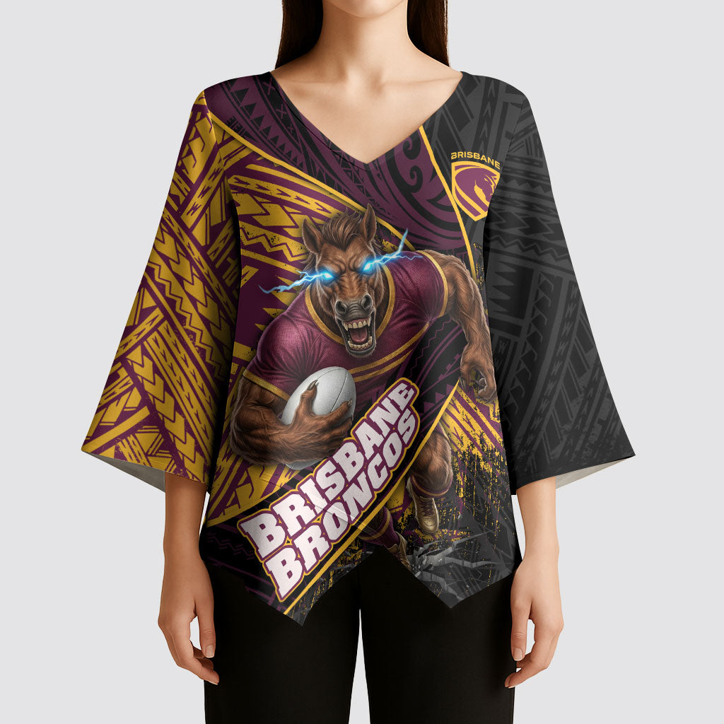 Brisbane Broncos Rugby Kimono Sleeve Blouse Tribal Polynesian Power Art - Lightning Mascot