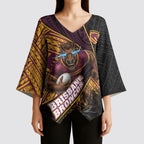 Brisbane Broncos Rugby Kimono Sleeve Blouse Tribal Polynesian Power Art - Lightning Mascot