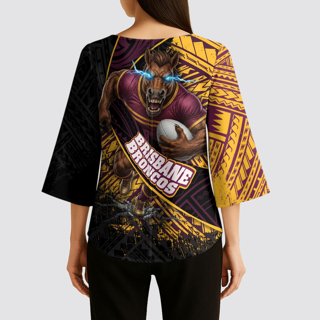 Brisbane Broncos Rugby Kimono Sleeve Blouse Tribal Polynesian Power Art - Lightning Mascot