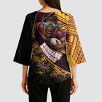 Brisbane Broncos Rugby Kimono Sleeve Blouse Tribal Polynesian Power Art - Lightning Mascot