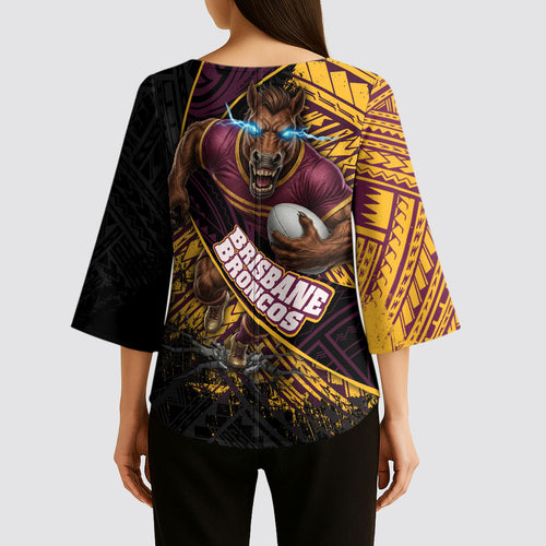 Brisbane Broncos Rugby Kimono Sleeve Blouse Tribal Polynesian Power Art - Lightning Mascot