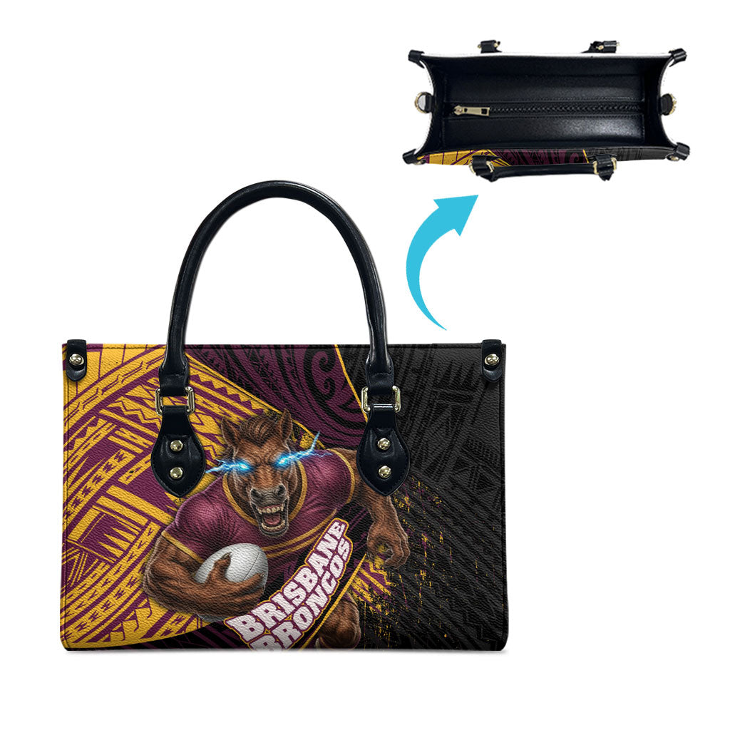 Brisbane Broncos Rugby Leather Bag Tribal Polynesian Power Art - Lightning Mascot
