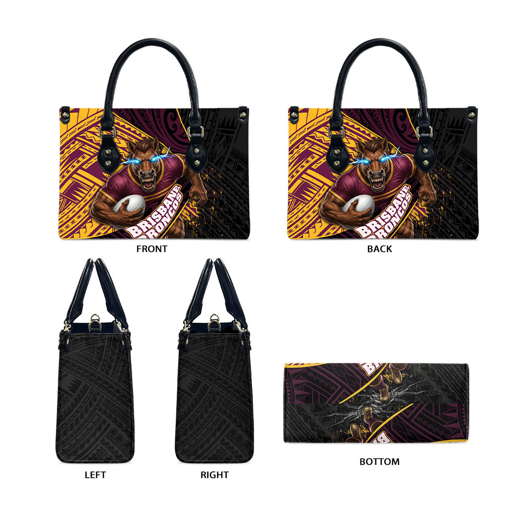 Brisbane Broncos Rugby Leather Bag Tribal Polynesian Power Art - Lightning Mascot