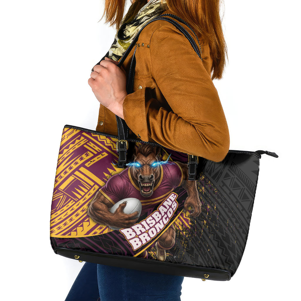 Brisbane Broncos Rugby Leather Tote Bag Tribal Polynesian Power Art - Lightning Mascot