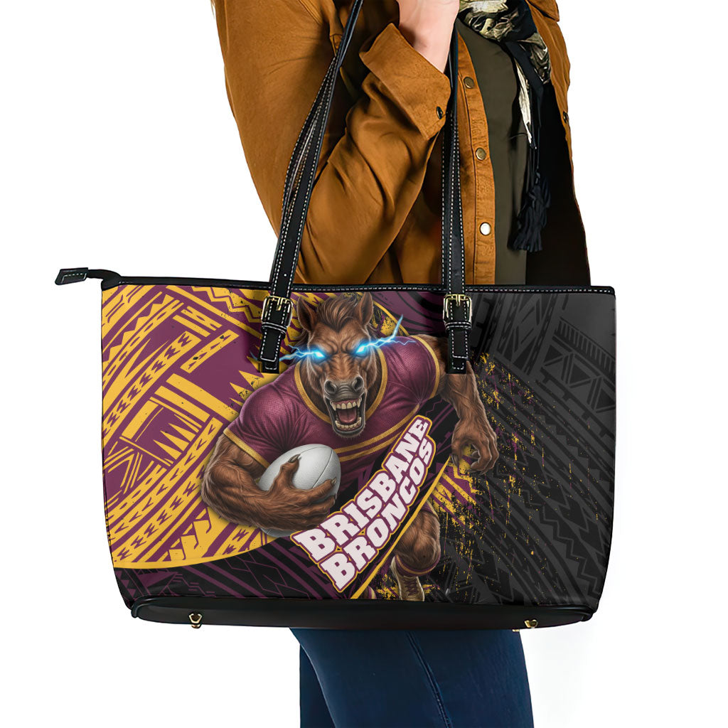 Brisbane Broncos Rugby Leather Tote Bag Tribal Polynesian Power Art - Lightning Mascot