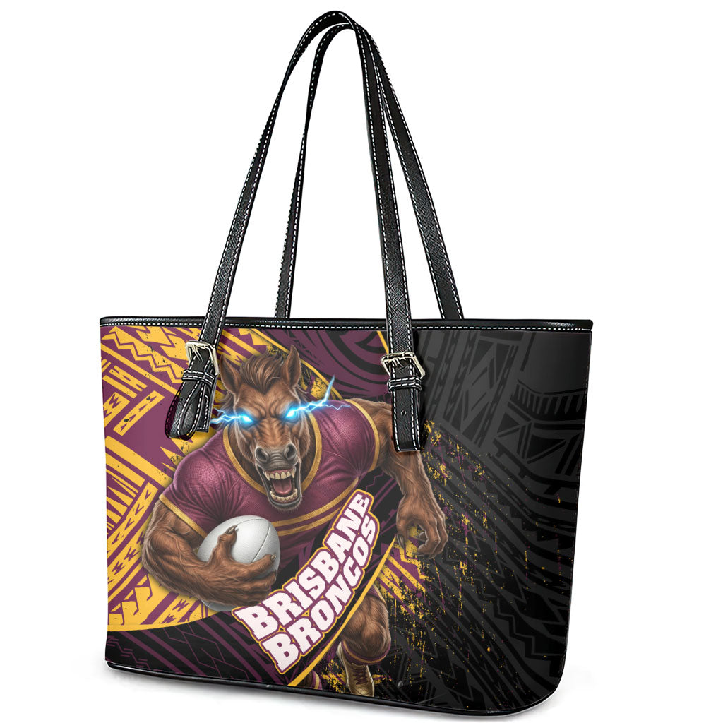 Brisbane Broncos Rugby Leather Tote Bag Tribal Polynesian Power Art - Lightning Mascot