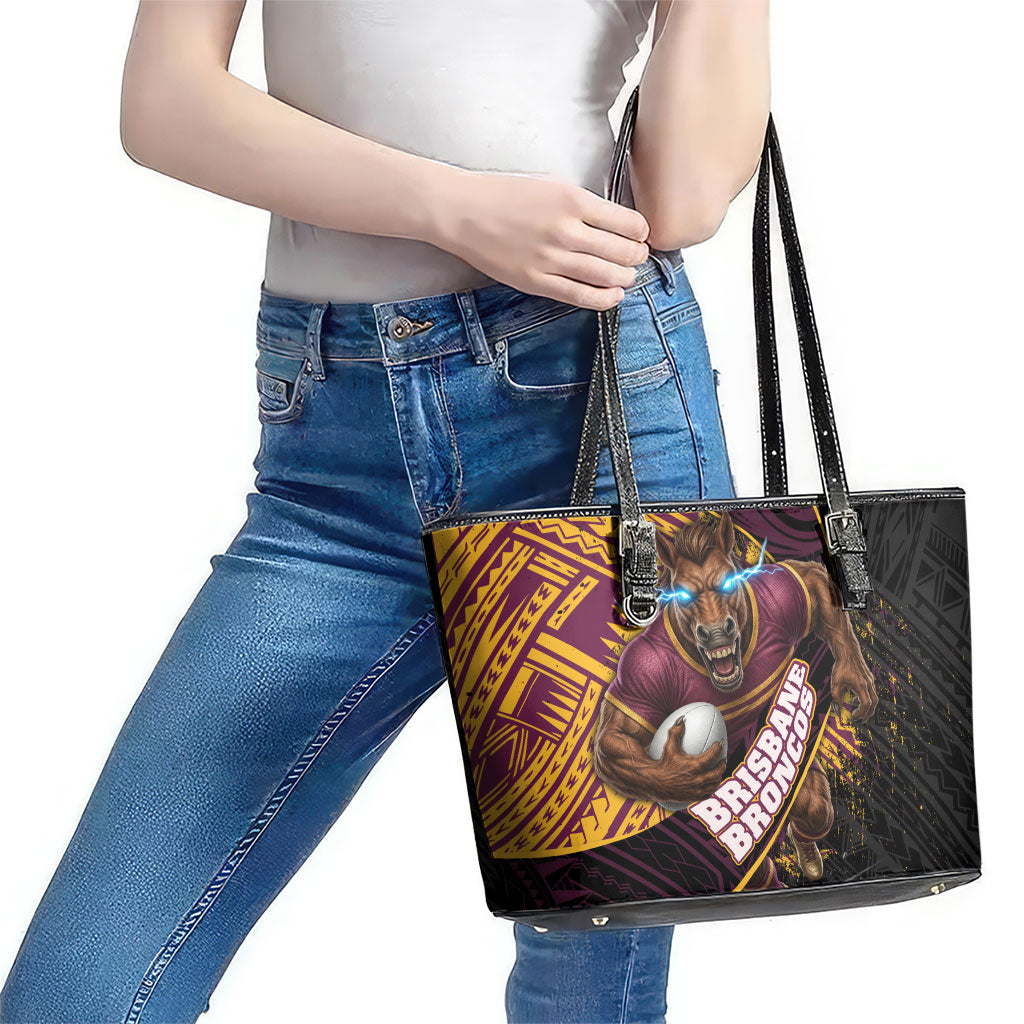 Brisbane Broncos Rugby Leather Tote Bag Tribal Polynesian Power Art - Lightning Mascot