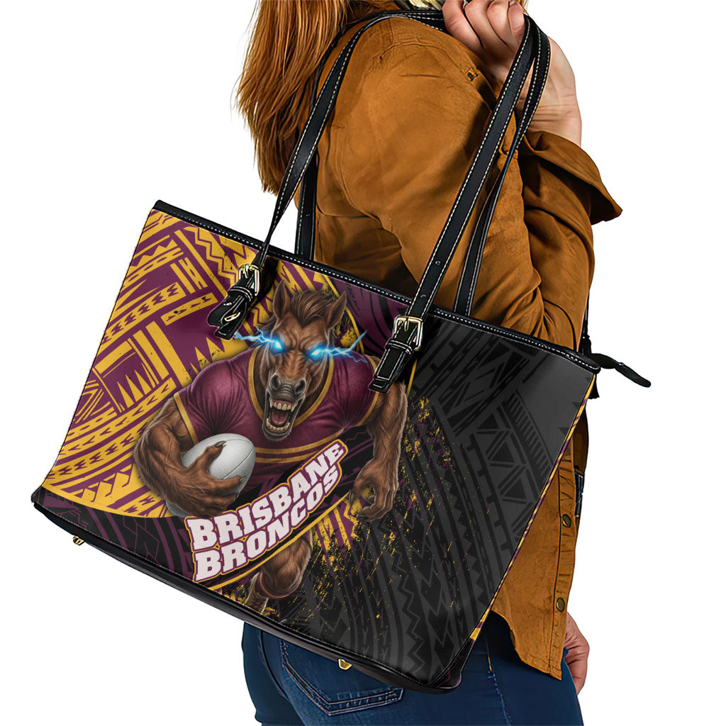 Brisbane Broncos Rugby Leather Tote Bag Tribal Polynesian Power Art - Lightning Mascot