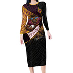 Brisbane Broncos Rugby Long Sleeve Bodycon Dress Tribal Polynesian Power Art - Lightning Mascot