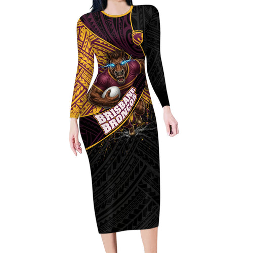 Brisbane Broncos Rugby Long Sleeve Bodycon Dress Tribal Polynesian Power Art - Lightning Mascot