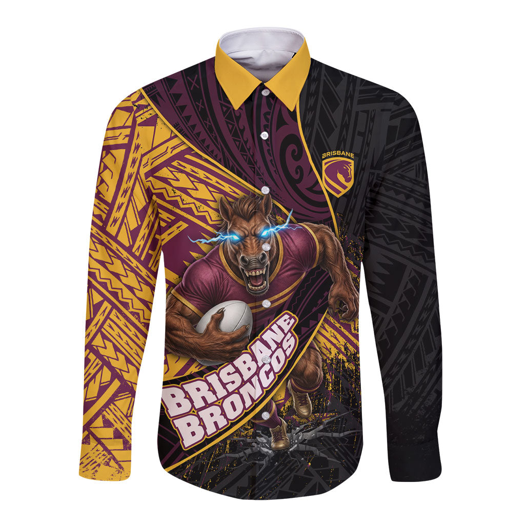 Brisbane Broncos Rugby Long Sleeve Button Shirt Tribal Polynesian Power Art - Lightning Mascot