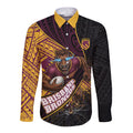 Brisbane Broncos Rugby Long Sleeve Button Shirt Tribal Polynesian Power Art - Lightning Mascot