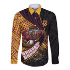 Brisbane Broncos Rugby Long Sleeve Button Shirt Tribal Polynesian Power Art - Lightning Mascot