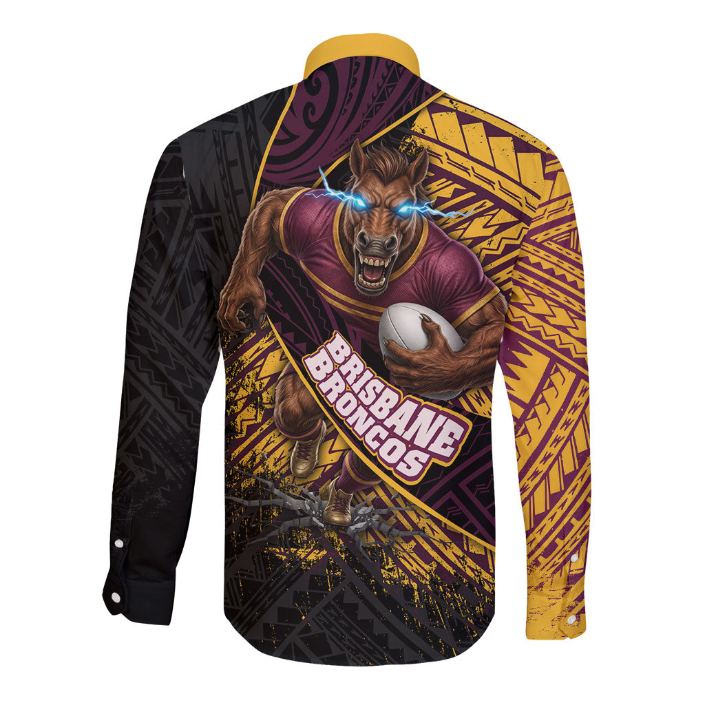 Brisbane Broncos Rugby Long Sleeve Button Shirt Tribal Polynesian Power Art - Lightning Mascot