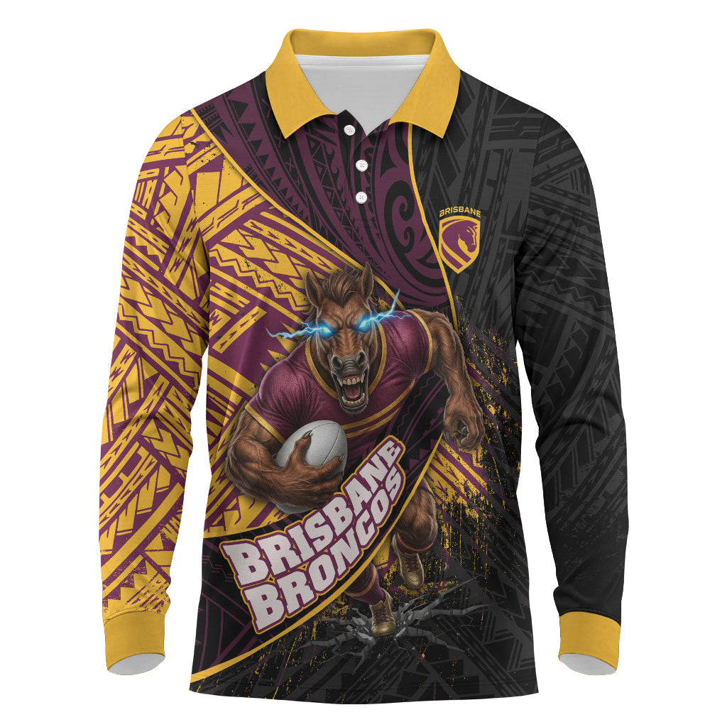Brisbane Broncos Rugby Long Sleeve Polo Shirt Tribal Polynesian Power Art - Lightning Mascot