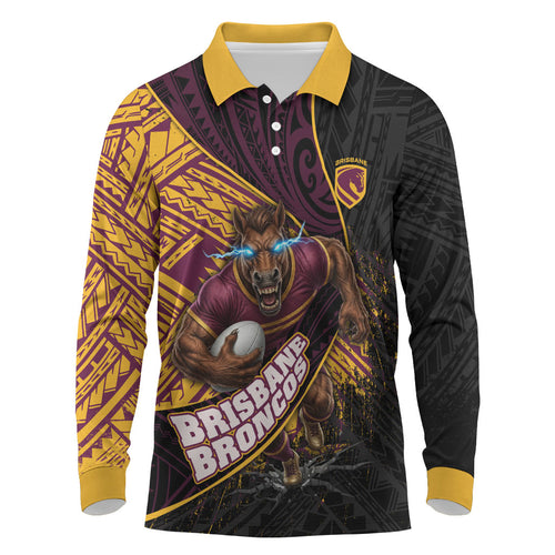 Brisbane Broncos Rugby Long Sleeve Polo Shirt Tribal Polynesian Power Art - Lightning Mascot