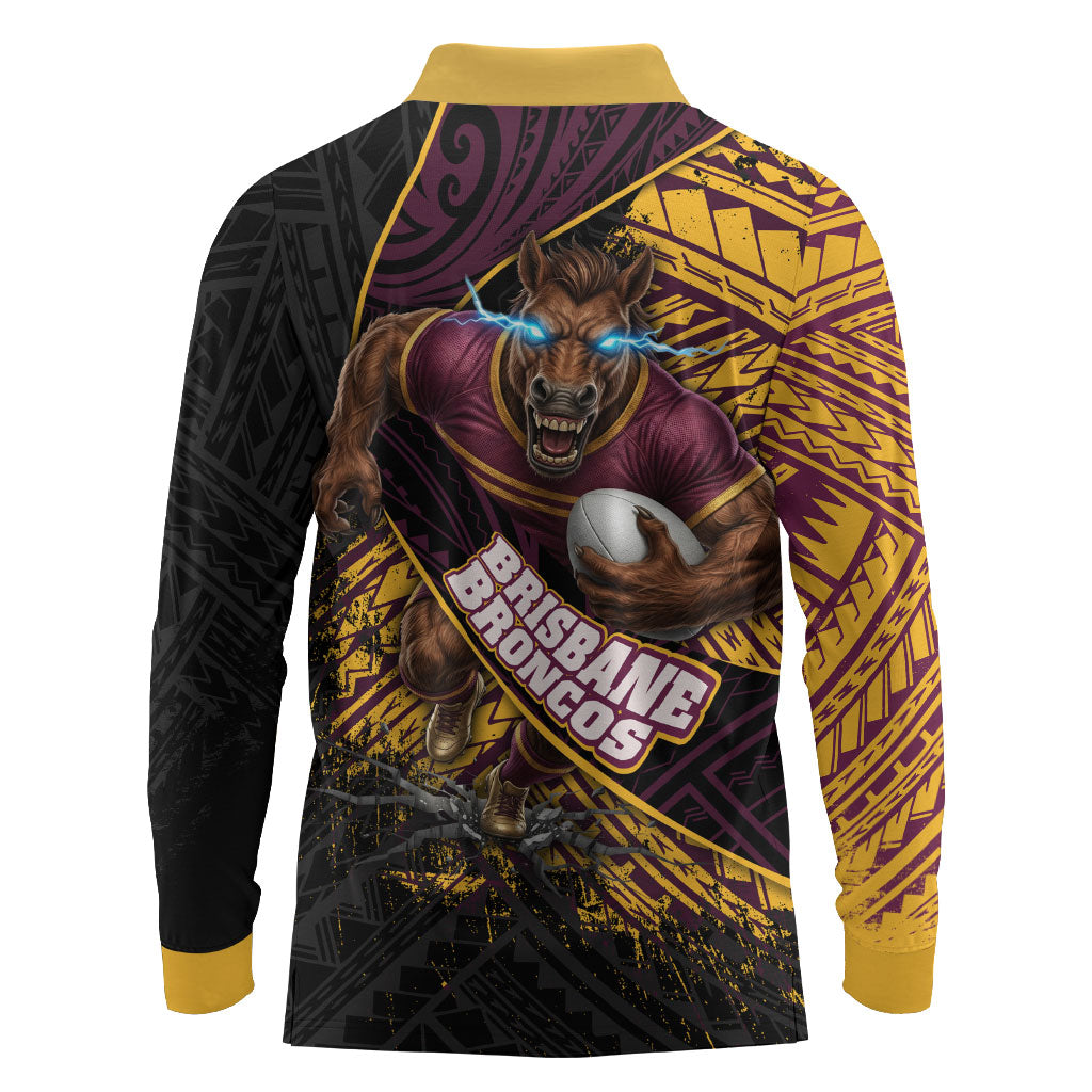 Brisbane Broncos Rugby Long Sleeve Polo Shirt Tribal Polynesian Power Art - Lightning Mascot