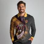 Brisbane Broncos Rugby Long Sleeve Polo Shirt Tribal Polynesian Power Art - Lightning Mascot