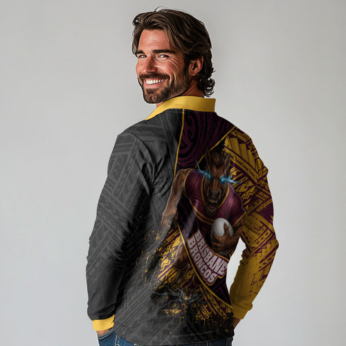 Brisbane Broncos Rugby Long Sleeve Polo Shirt Tribal Polynesian Power Art - Lightning Mascot