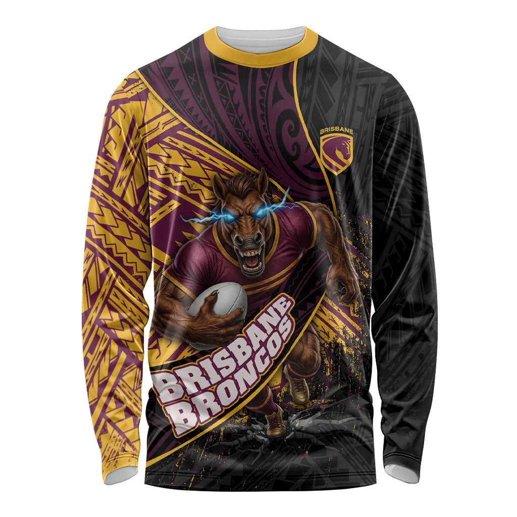 Brisbane Broncos Rugby Long Sleeve Shirt Tribal Polynesian Power Art - Lightning Mascot