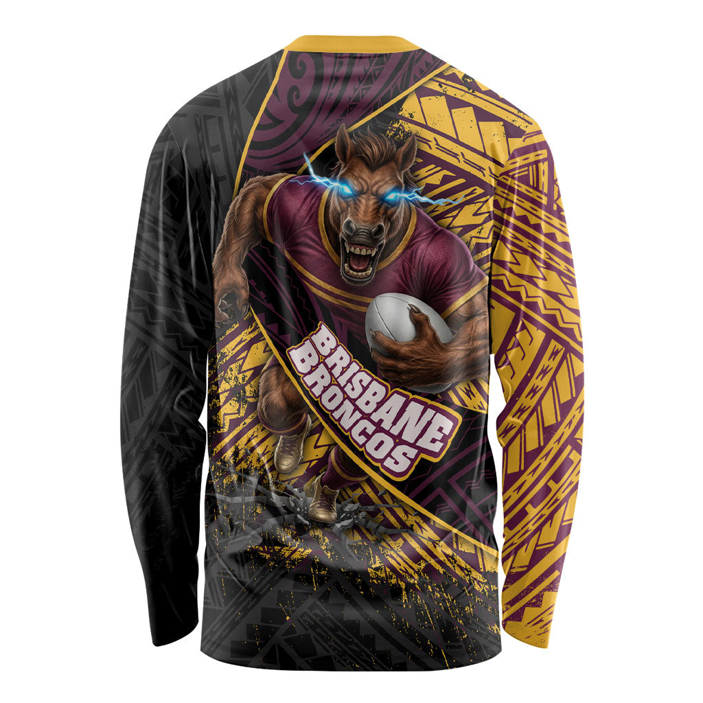 Brisbane Broncos Rugby Long Sleeve Shirt Tribal Polynesian Power Art - Lightning Mascot