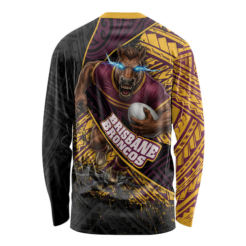 Brisbane Broncos Rugby Long Sleeve Shirt Tribal Polynesian Power Art - Lightning Mascot