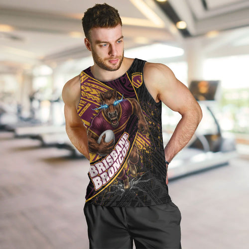 Brisbane Broncos Rugby Men Tank Top Tribal Polynesian Power Art - Lightning Mascot