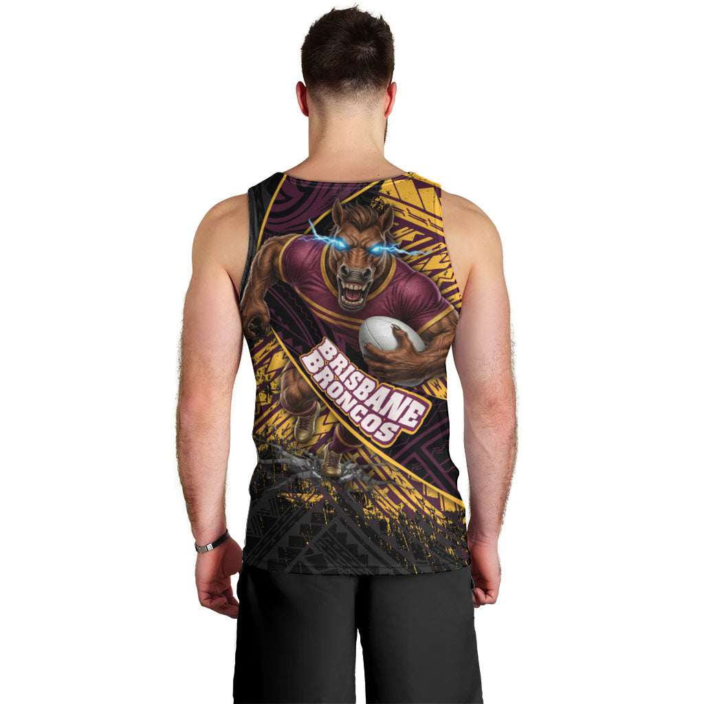 Brisbane Broncos Rugby Men Tank Top Tribal Polynesian Power Art - Lightning Mascot