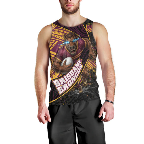 Brisbane Broncos Rugby Men Tank Top Tribal Polynesian Power Art - Lightning Mascot
