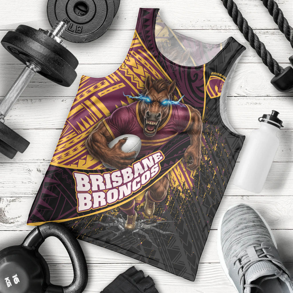 Brisbane Broncos Rugby Men Tank Top Tribal Polynesian Power Art - Lightning Mascot