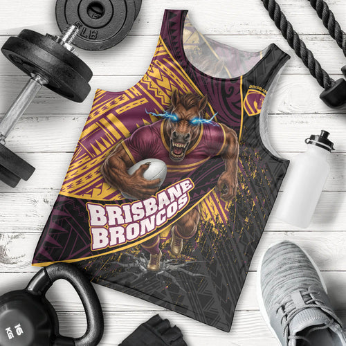 Brisbane Broncos Rugby Men Tank Top Tribal Polynesian Power Art - Lightning Mascot