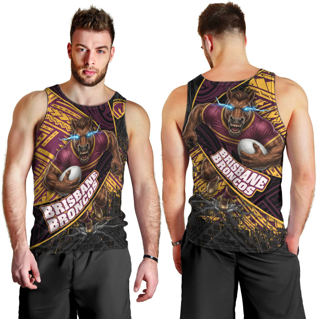 Brisbane Broncos Rugby Men Tank Top Tribal Polynesian Power Art - Lightning Mascot
