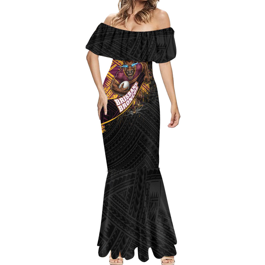 Brisbane Broncos Rugby Mermaid Dress Tribal Polynesian Power Art - Lightning Mascot
