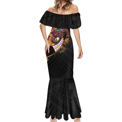 Brisbane Broncos Rugby Mermaid Dress Tribal Polynesian Power Art - Lightning Mascot