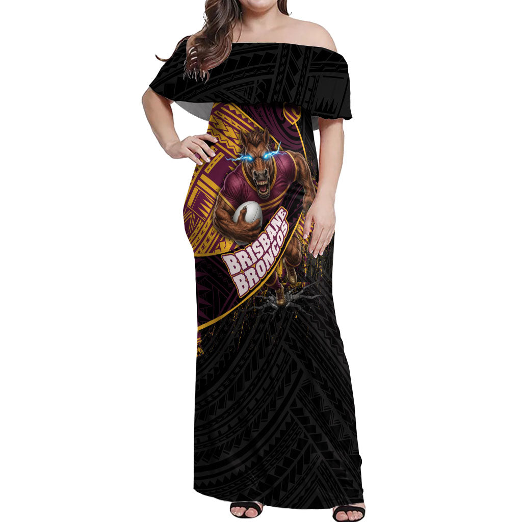 Brisbane Broncos Rugby Off Shoulder Maxi Dress Tribal Polynesian Power Art - Lightning Mascot