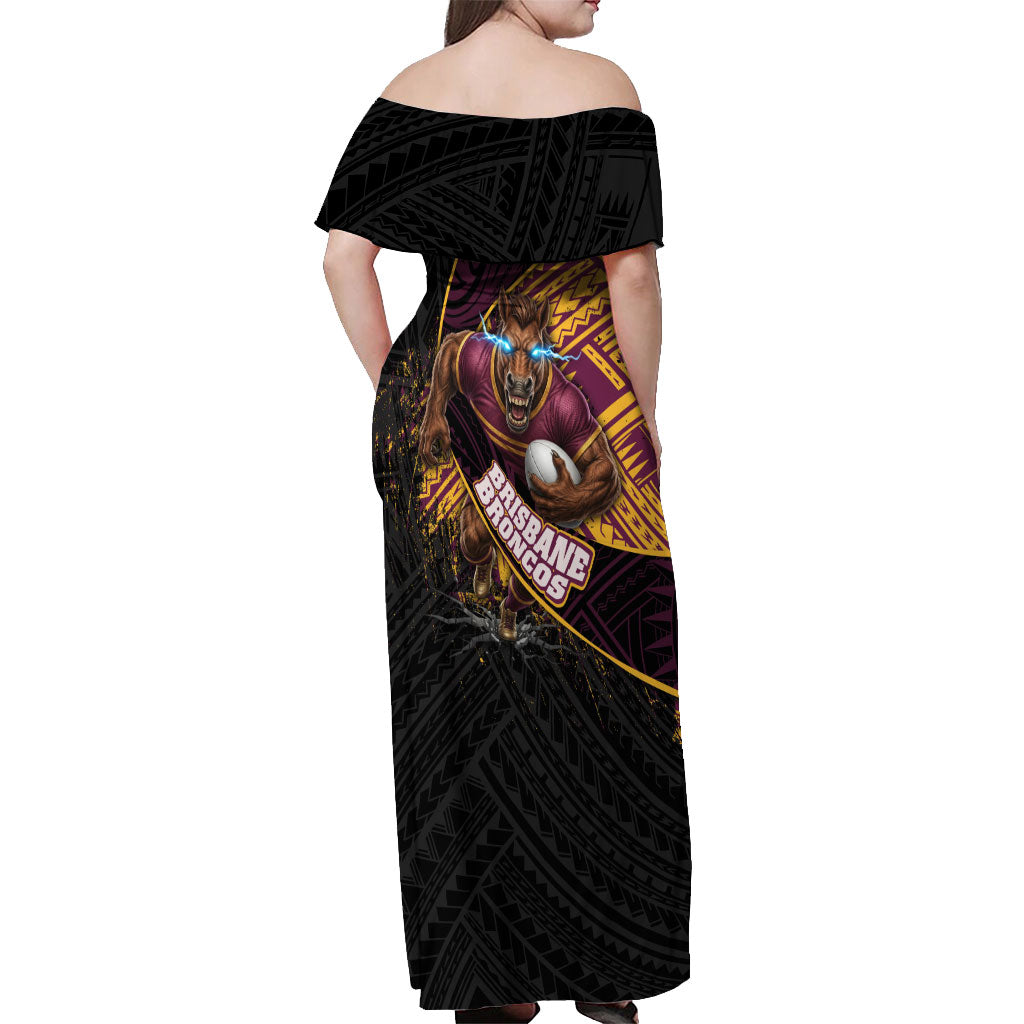 Brisbane Broncos Rugby Off Shoulder Maxi Dress Tribal Polynesian Power Art - Lightning Mascot