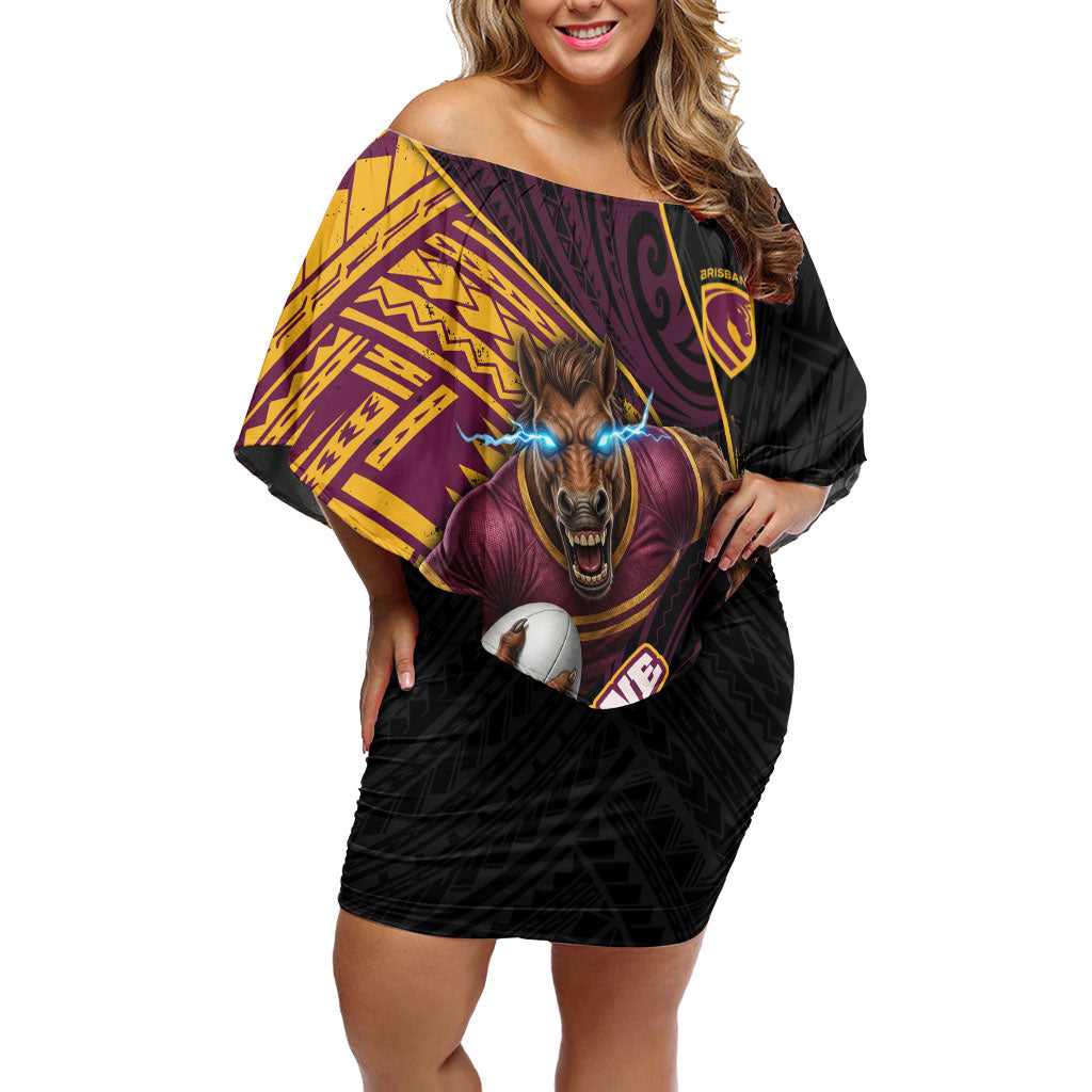 Brisbane Broncos Rugby Off Shoulder Short Dress Tribal Polynesian Power Art - Lightning Mascot