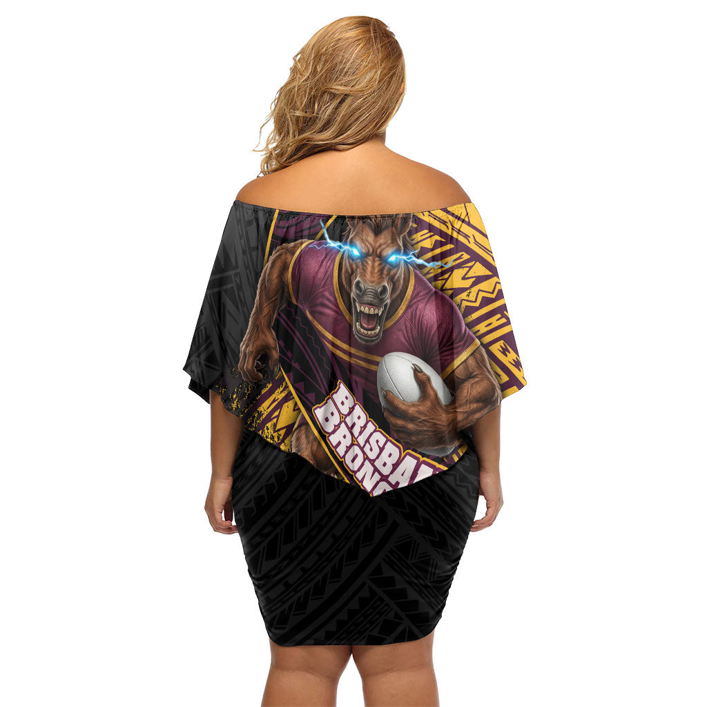 Brisbane Broncos Rugby Off Shoulder Short Dress Tribal Polynesian Power Art - Lightning Mascot