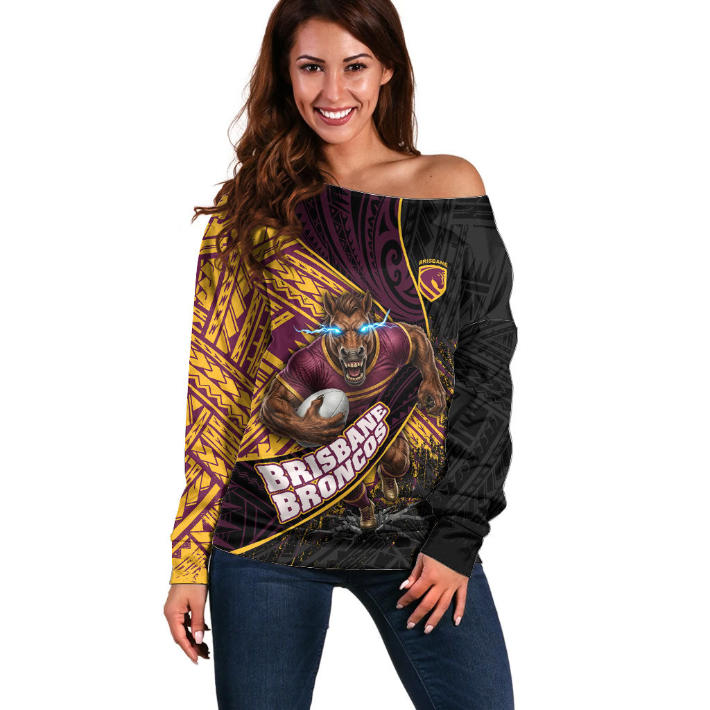 Brisbane Broncos Rugby Off Shoulder Sweater Tribal Polynesian Power Art - Lightning Mascot