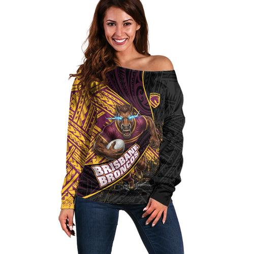 Brisbane Broncos Rugby Off Shoulder Sweater Tribal Polynesian Power Art - Lightning Mascot