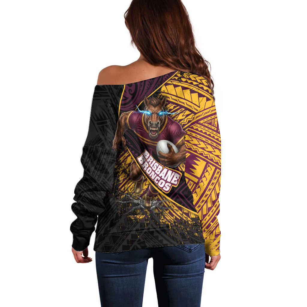 Brisbane Broncos Rugby Off Shoulder Sweater Tribal Polynesian Power Art - Lightning Mascot