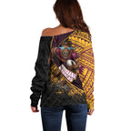 Brisbane Broncos Rugby Off Shoulder Sweater Tribal Polynesian Power Art - Lightning Mascot